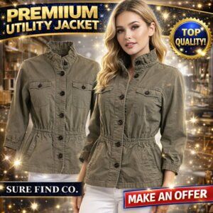 CJ Banks Vtg Long Sleeve Lightweight Khaki Green Jacket adjustable Waist W Med